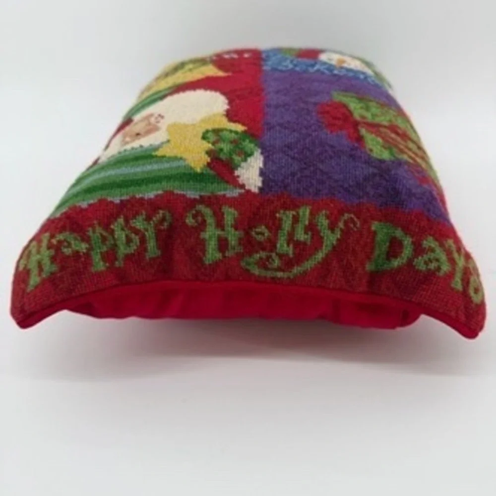 Christmas Pillow Needlepoint Santa Snowman Holiday Decor Happy Holly Days‎
